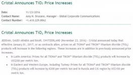 鈦白粉又要漲！國(guó)際巨頭2017年1月1日上調(diào)鈦白粉價(jià)格