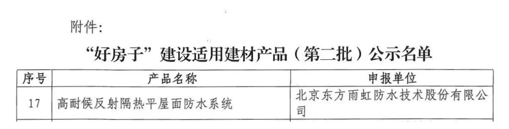 東方雨虹平屋面防水系統(tǒng)入選住建部適配好房子 建設(shè)名錄