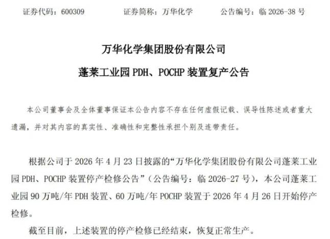 萬(wàn)華化學(xué)PDH、POCHP裝置恢復(fù)生產(chǎn)，階段性產(chǎn)能回歸